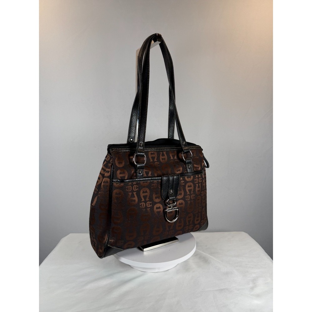 Etienne Aigner Brown Monogram Canvas Tote Leather Trim Shoulder Bag Medium - Picture 2 of 9